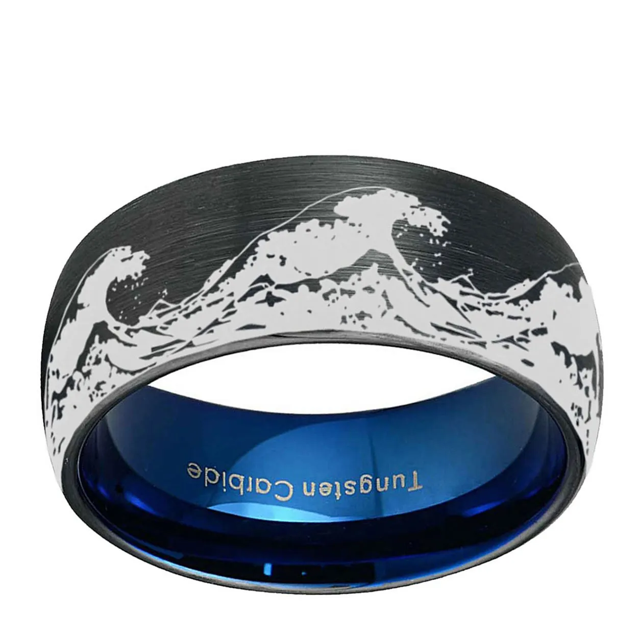Ocean Wave 8mm Dome Tungsten Ring Black Blue