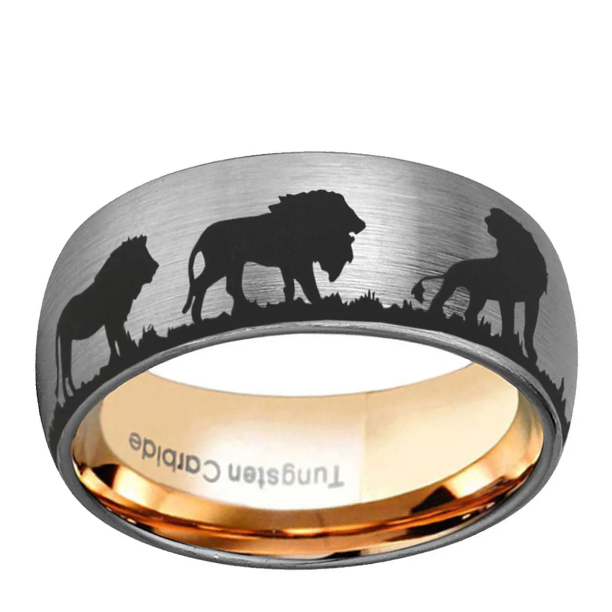 Lion Tiger 8mm Dome Tungsten Ring Gray Rose Gold
