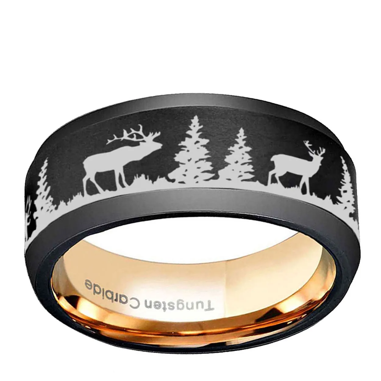 Deer Elk Hunting 8mm Beveled Edge Tungsten Ring Black Rose Gold