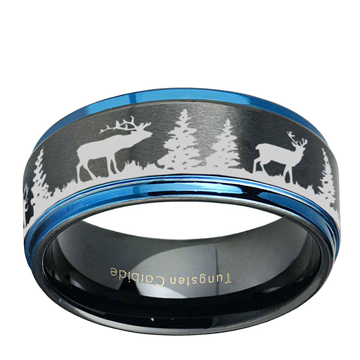 Deer Elk Hunting 8mm Step Edge Tungsten Ring Black Blue
