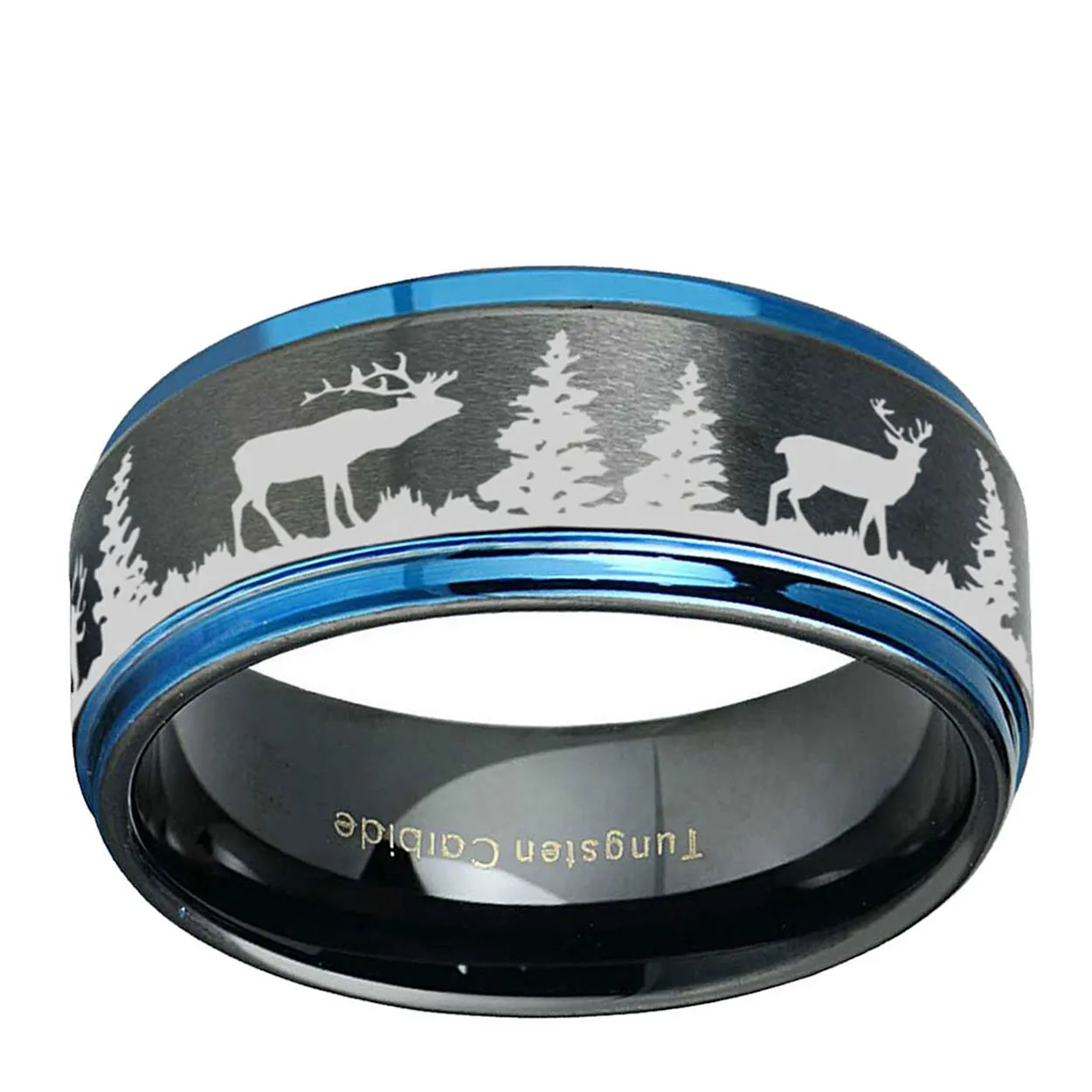 Deer Elk Hunting 8mm Step Edge Tungsten Ring Black Blue