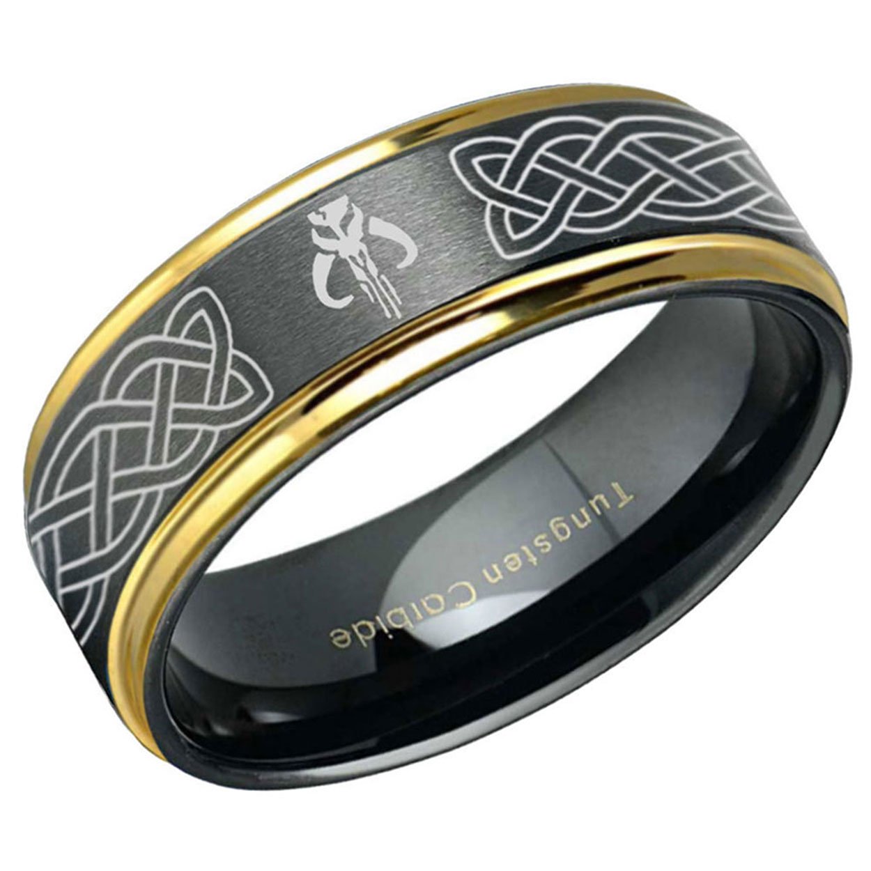 Celtic Boba Fett Step Edge Tungsten Ring Black Gold 8mm