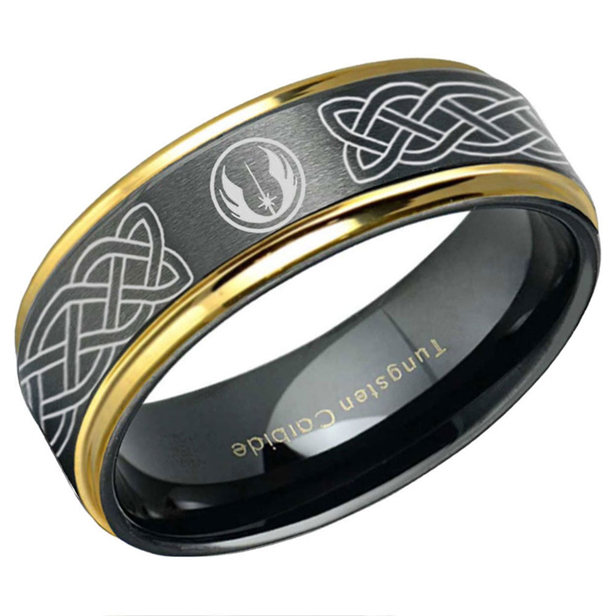 Celtic Jedi Step Edge Tungsten Ring Black Gold 6mm