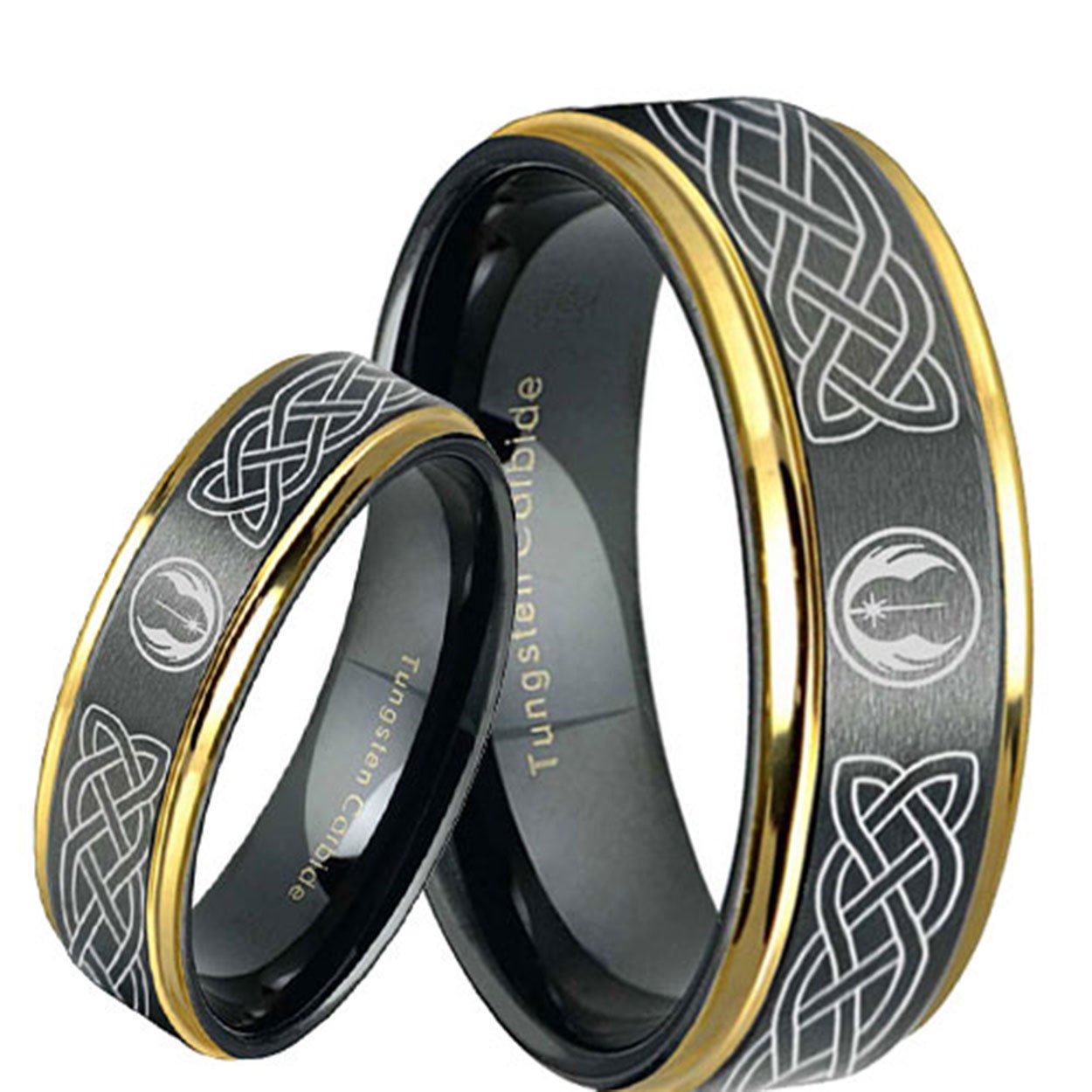 Celtic Jedi Star Wars Step Edge Gold Tungsten His and Hers Matching Ring Set