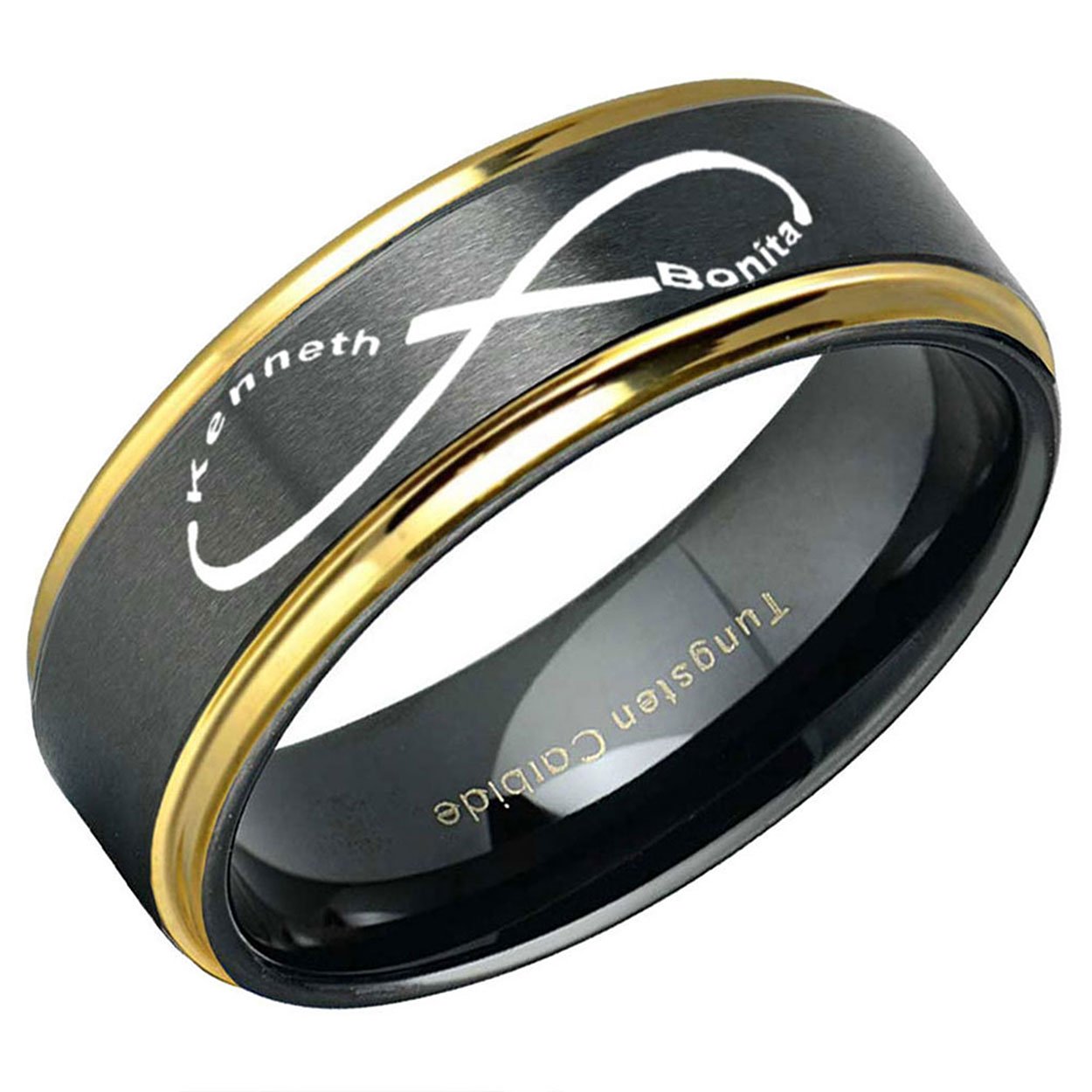 Infinity Two Names Step Edge Tungsten Ring 8mm Black Gold