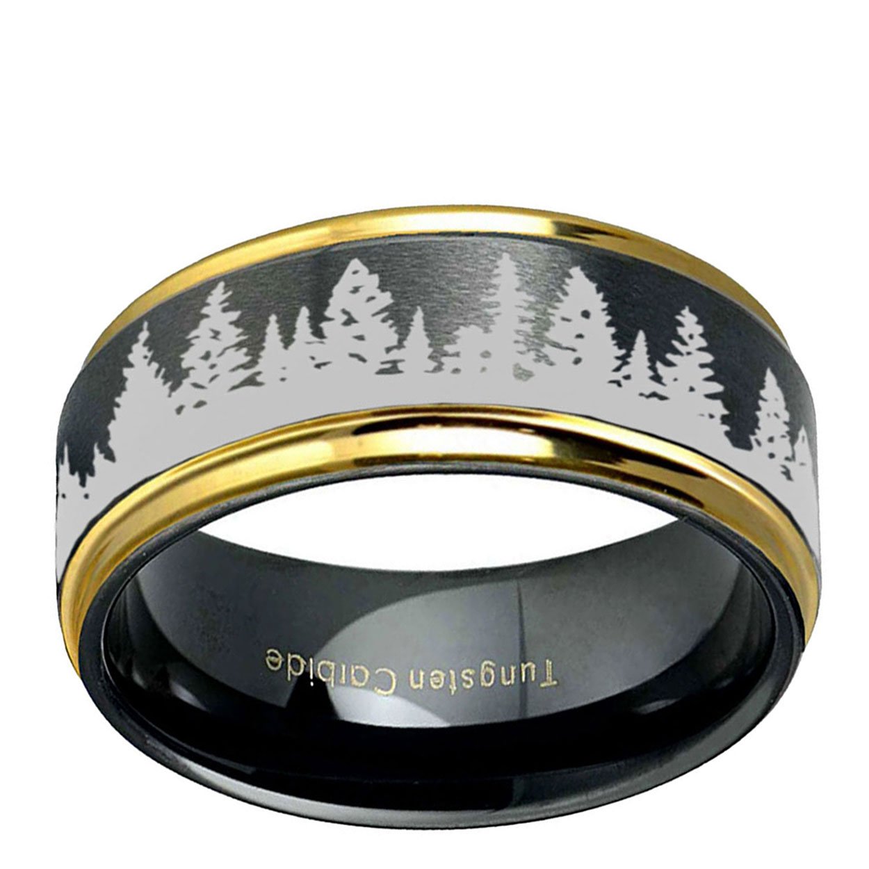 Forest Nature 8mm Step Edge Tungsten Ring Black Gold