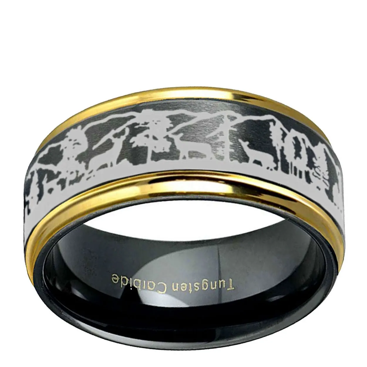 Fallow Deer 8mm Step Edge Tungsten Ring Black Gold
