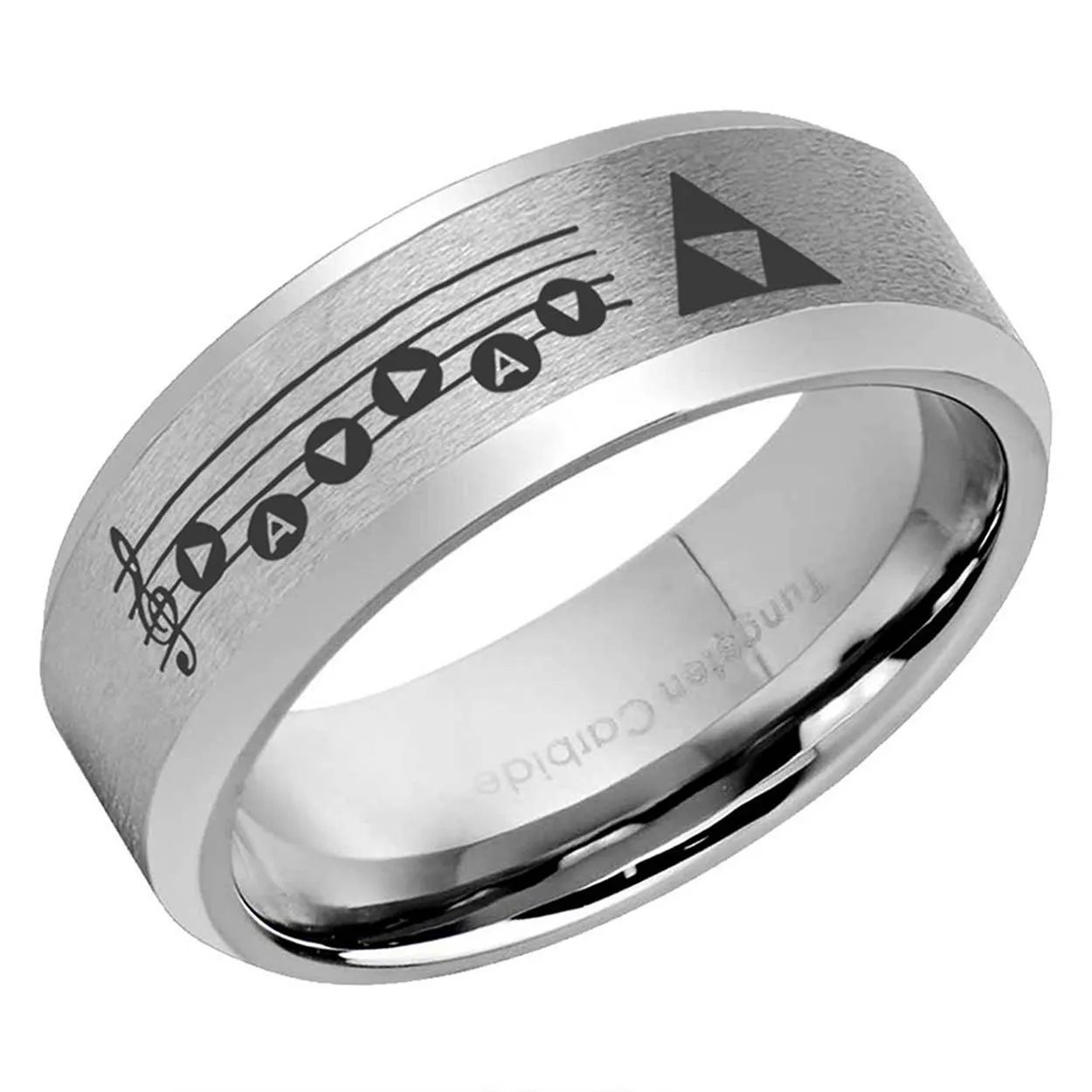 Legend of Zelda Song of Time Beveled Edge Tungsten Ring Matte Gray 10mm