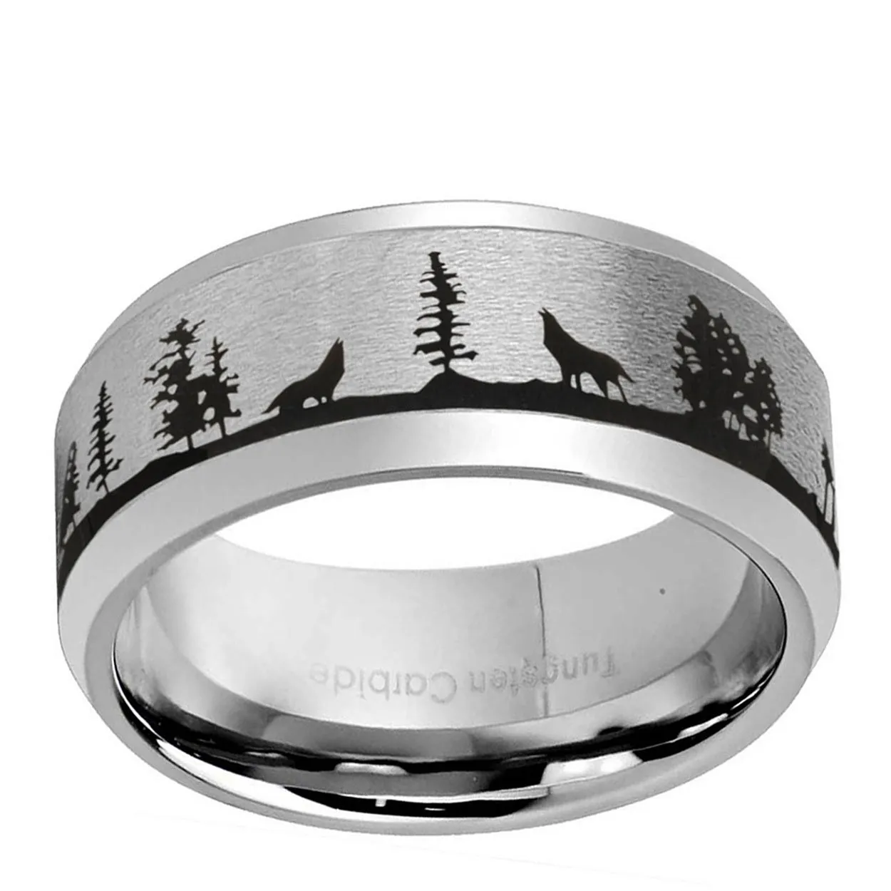 Howling Wolf 8mm Beveled Edge Tungsten Ring