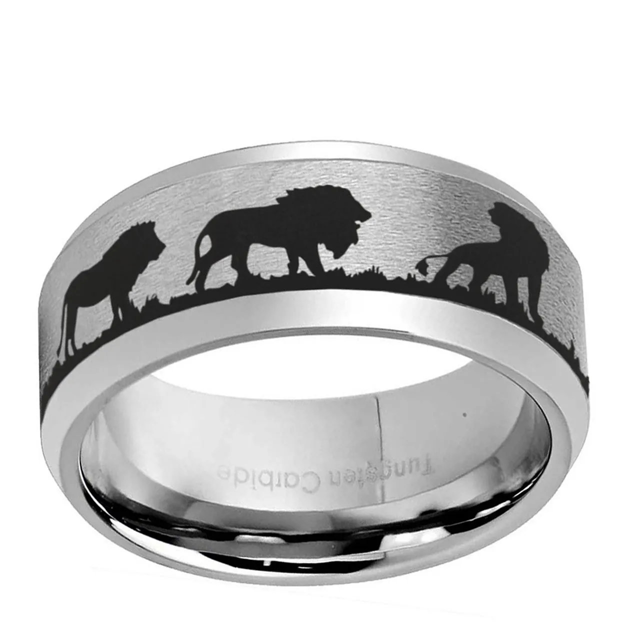 Lion Tiger 8mm Beveled Edge Tungsten Ring
