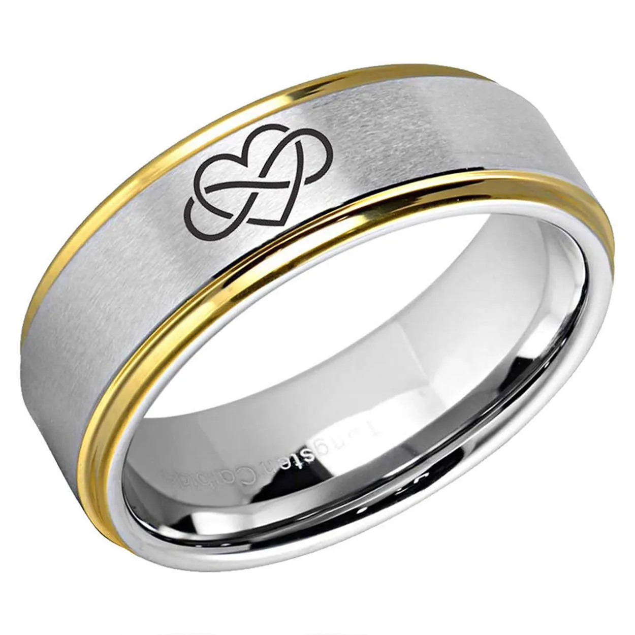 Infinity Heart Step Edge Tungsten Ring Silver Gold 10mm