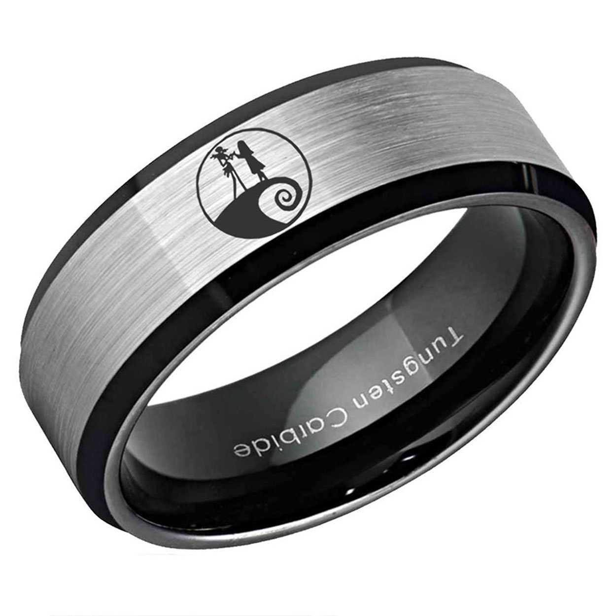 Nightmare Before Christmas Beveled Edge Tungsten Ring Gray Black 8mm