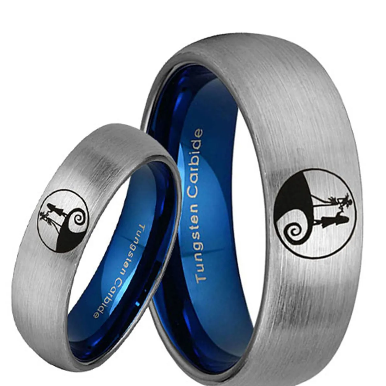 Nightmare Before Christmas Dome Blue Tungsten His and Hers Matching Ring Set