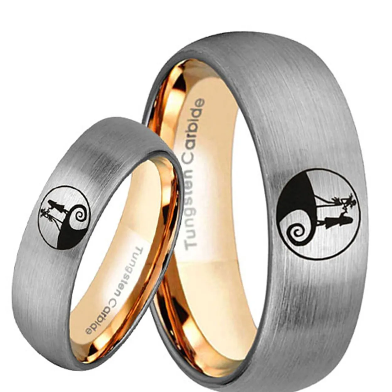 Nightmare Before Christmas Dome Rose Gold Tungsten His and Hers Matching Ring Set