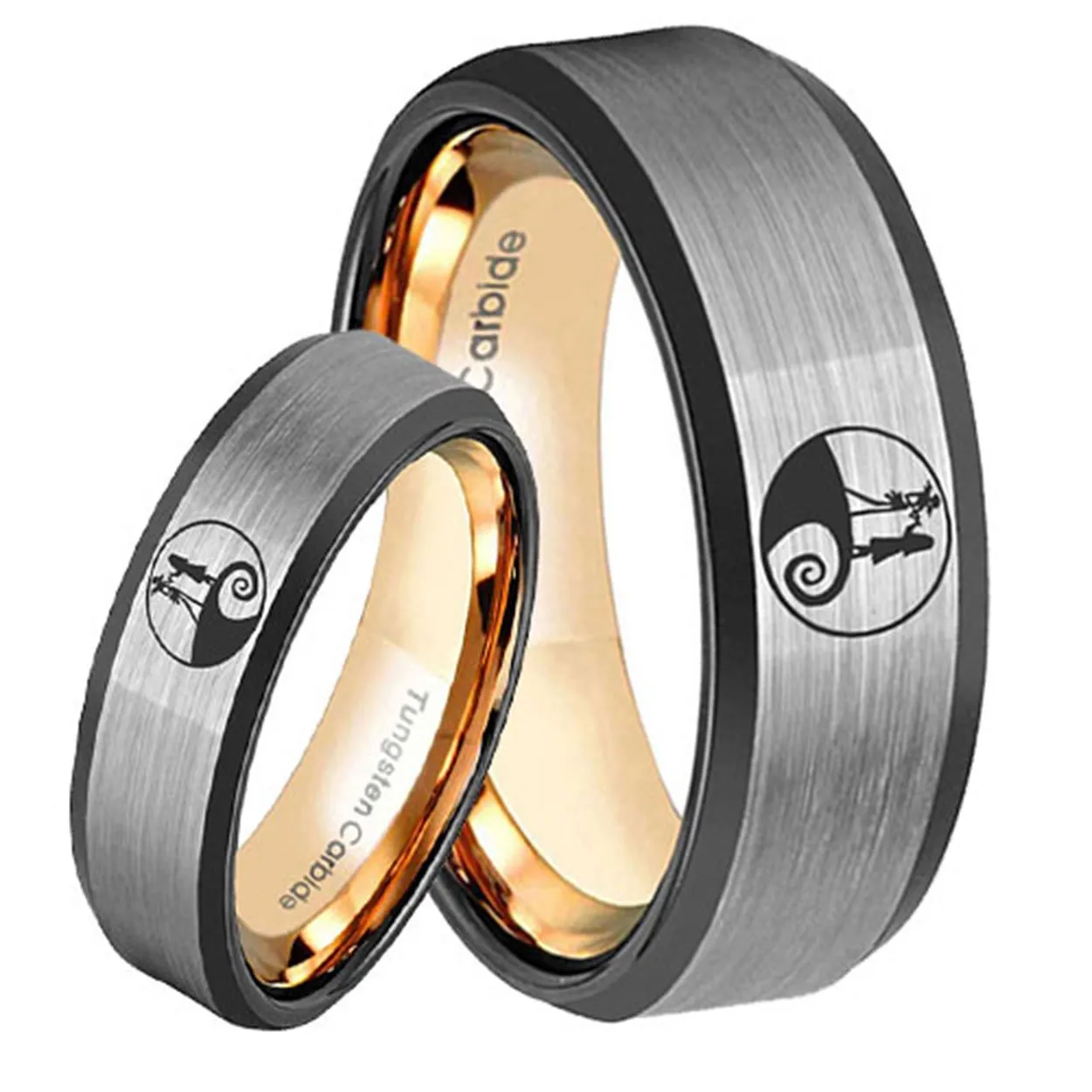 Nightmare Before Christmas Bevel Rose Gold Tungsten Couples Matching Ring Set