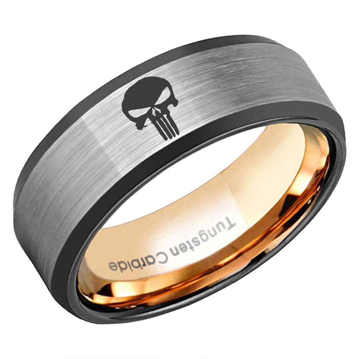 Skull Punisher Beveled Edge Tungsten Ring Rose Gold Gray 8mm