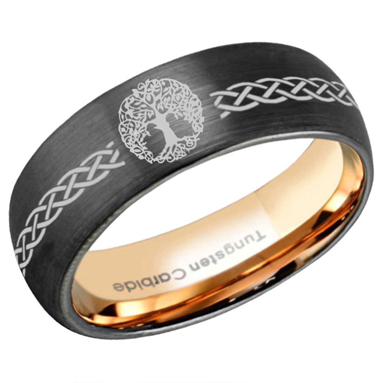 Celtic Tree Dome Tungsten Ring 8mm Rose Gold Black