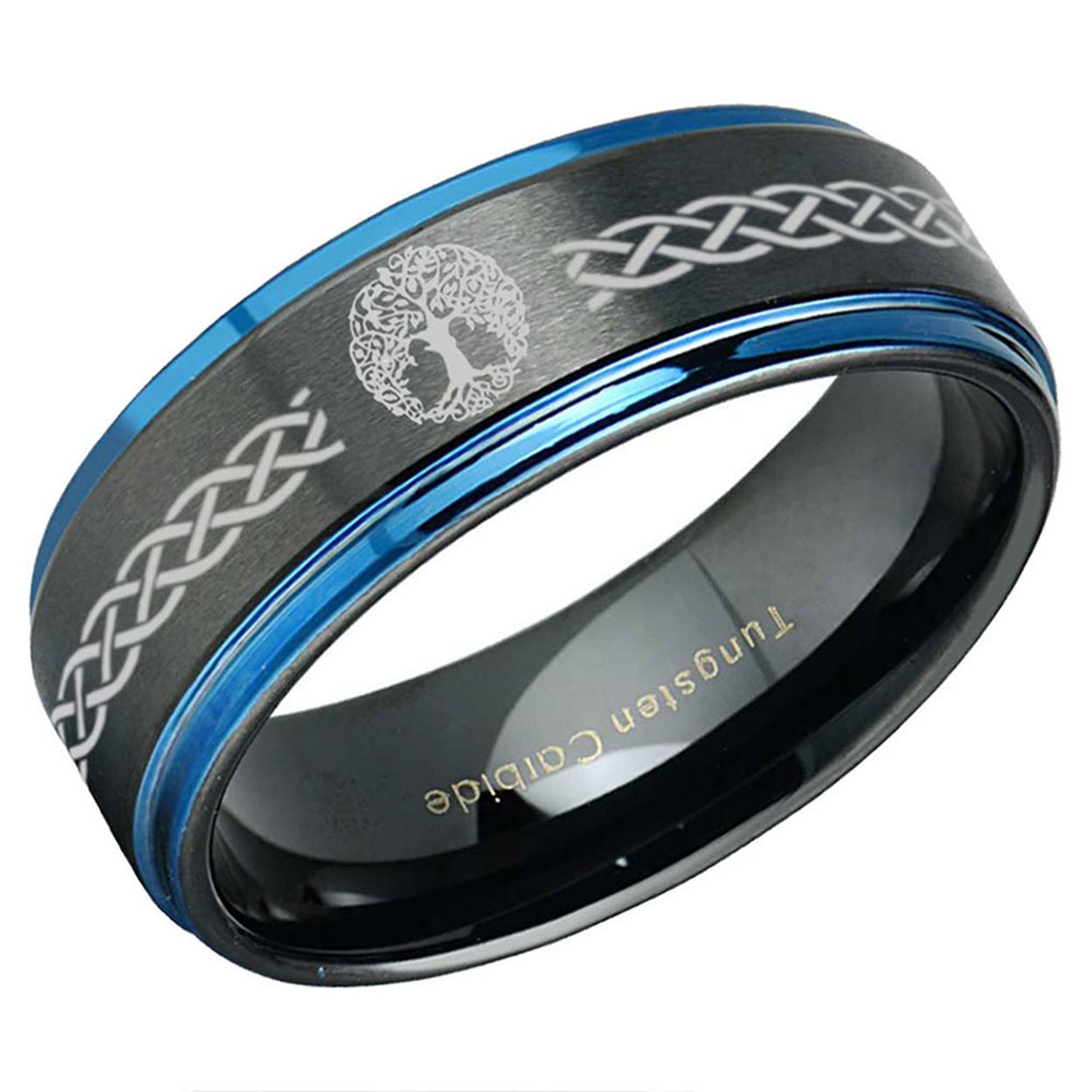 Celtic Tree Step Edge Tungsten Ring 8mm Black Blue