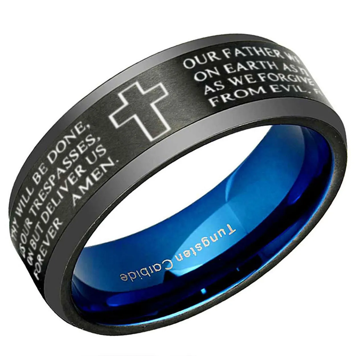 The Lord's Prayer Beveled Edge Tungsten Ring Black Blue