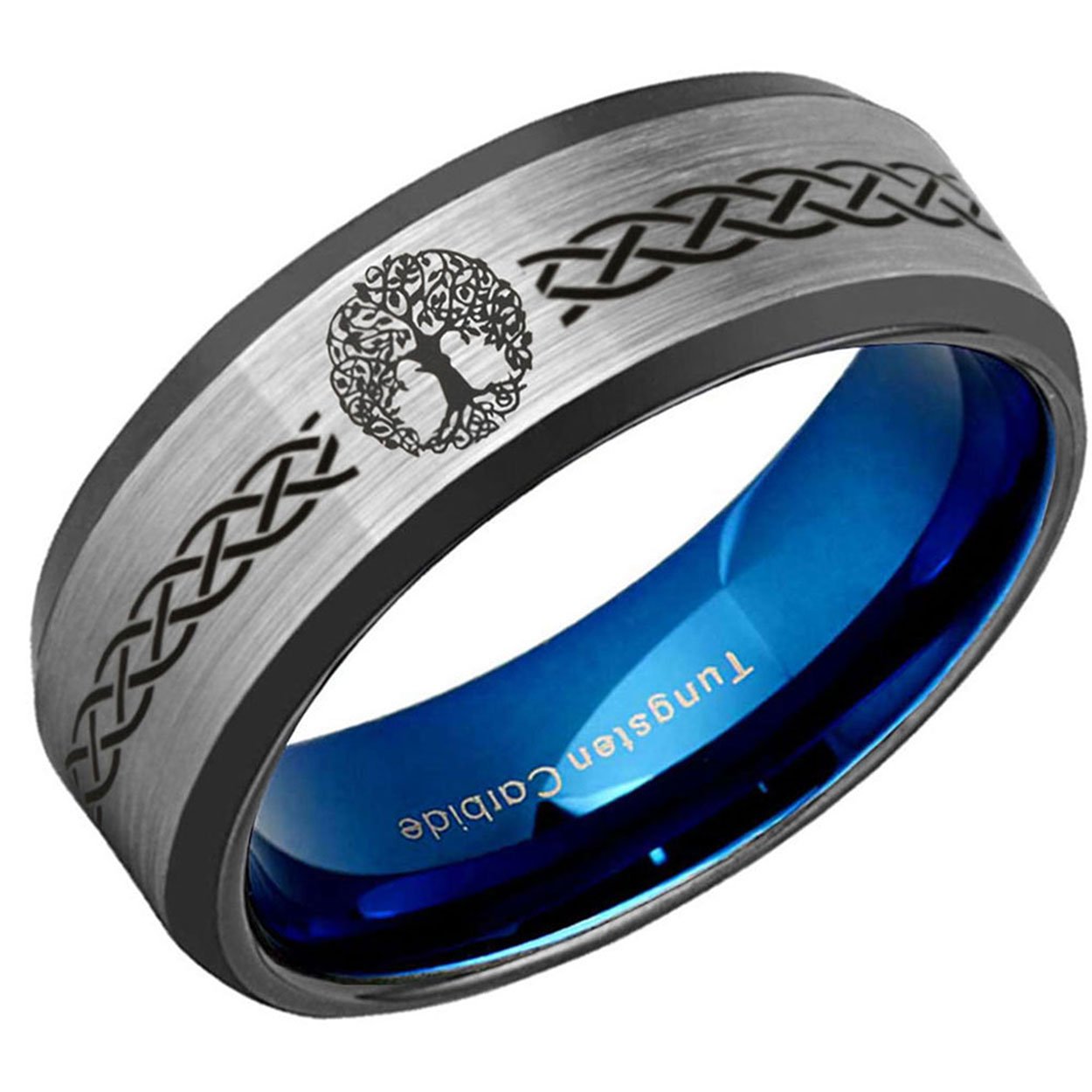 Celtic Tree Beveled Edge Tungsten Ring 8mm Blue Gray