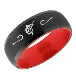 Marlin Fish Hooks Dome Tungsten Ring Black Red 8mm