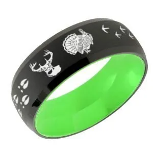 Deer Turkey Tracks Dome Tungsten Ring Black Green 8mm
